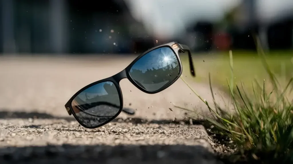 Polycarbonate sunglasses falling towards the ground, emphasizing durability before impact.