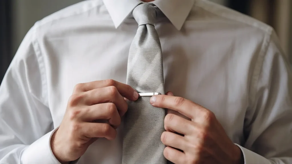 Close-up of hands attaching silver tie clip to gray tie, elevating wedding guest look