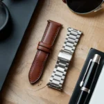 Flat lay of leather and stainless steel watch straps on a wooden desk with minimal accessories, highlighting their textures and unique qualities