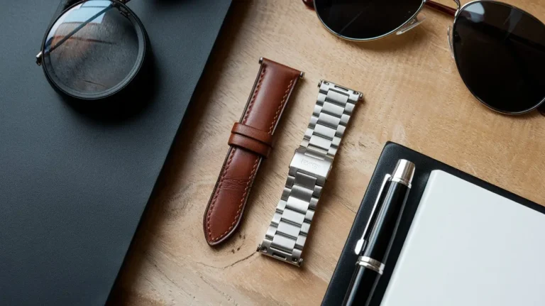 Flat lay of leather and stainless steel watch straps on a wooden desk with minimal accessories, highlighting their textures and unique qualities