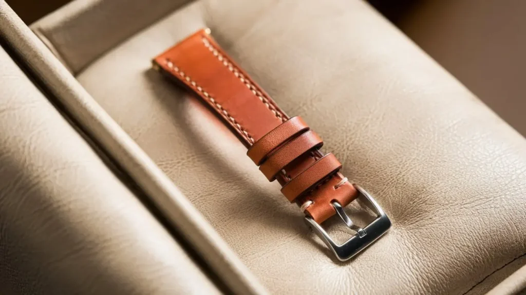 A premium leather watch strap displayed on a box