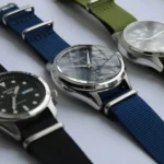 Three Nylon Nato straps with different colors connected to Seiko watches