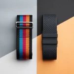 Close-up image of a NATO strap on the left and a rubber strap on the right, highlighting their textures, materials, and distinct designs