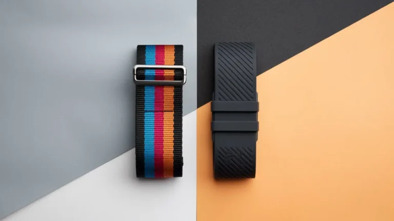 Close-up image of a NATO strap on the left and a rubber strap on the right, highlighting their textures, materials, and distinct designs