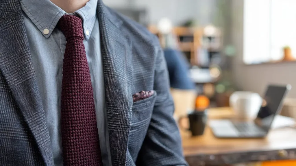 Burgundy knit tie with a chambray shirt and casual blazer in a modern workspace.