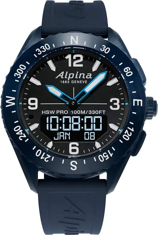 Close-up of the compass bezel on an Alpina watch.