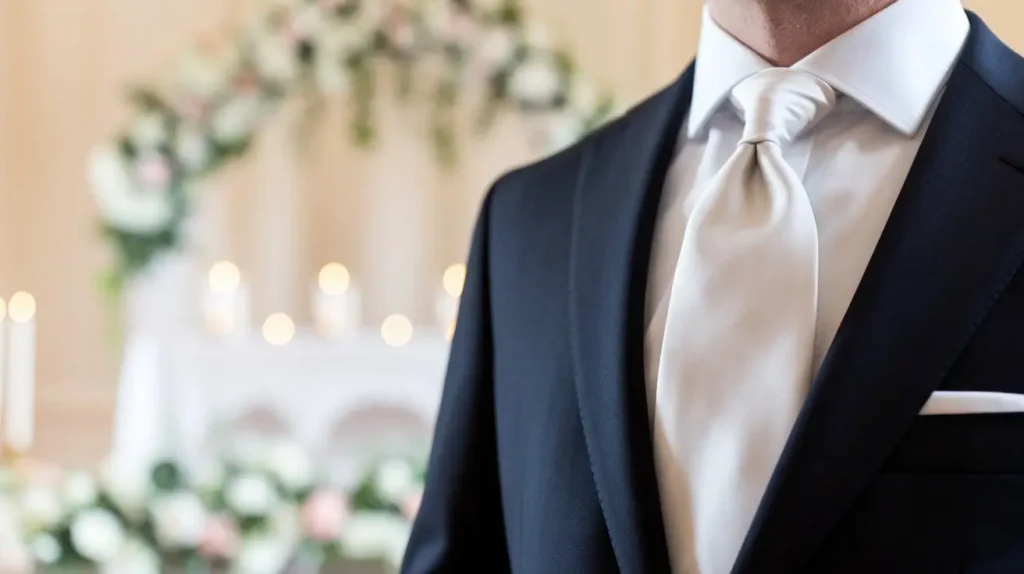 Close-up of a silver silk tie on a dark navy suit, perfect for weddings.