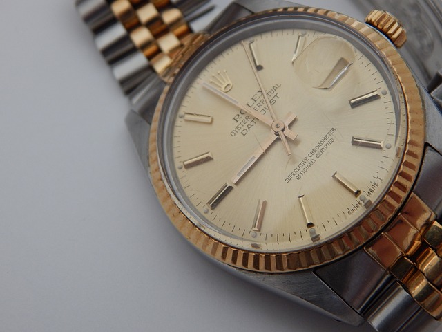 Close-up of a Fluted bezel on a Rolex Datejust dress watch.