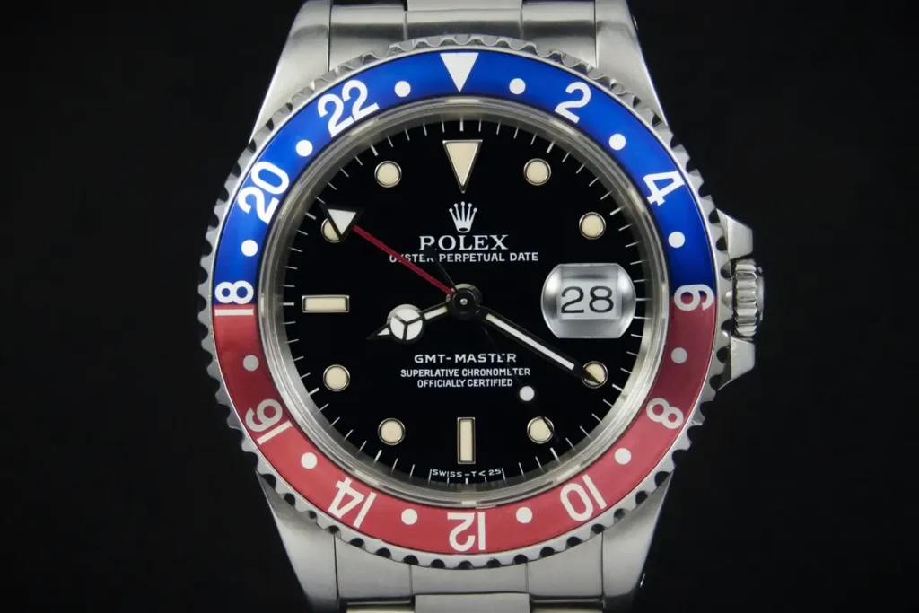 Close-up of the GMT bezel with the iconic Pepsi design on a Rolex GMT Master watch.