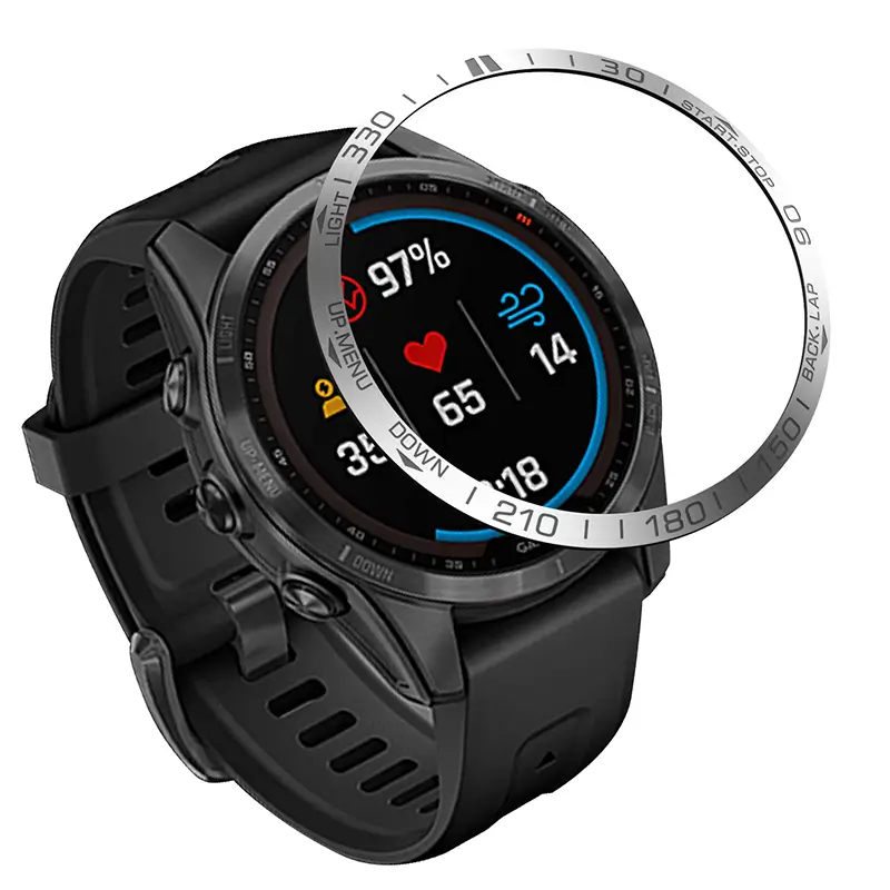 Close-up of a Garmin watch featuring a separate bezel insert positioned above the watch face.