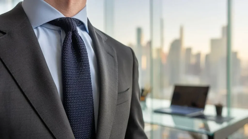 Cropped view of a charcoal suit and light blue shirt paired with a navy knitted tie in an office setting.