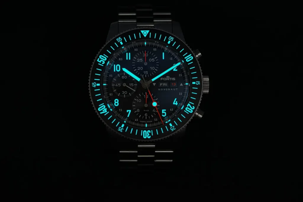 Close-up of the luminous bezel on a Fortis Sports watch, glowing brightly in the dark.