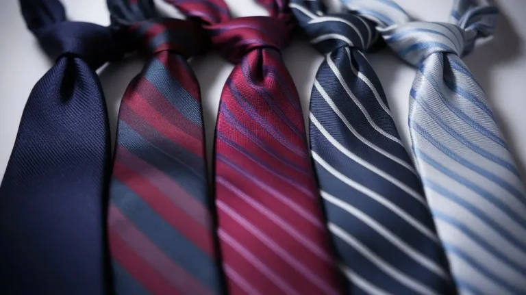 Close-up of five silk ties in navy, burgundy, red, charcoal, and silver, arranged side by side on a white background.