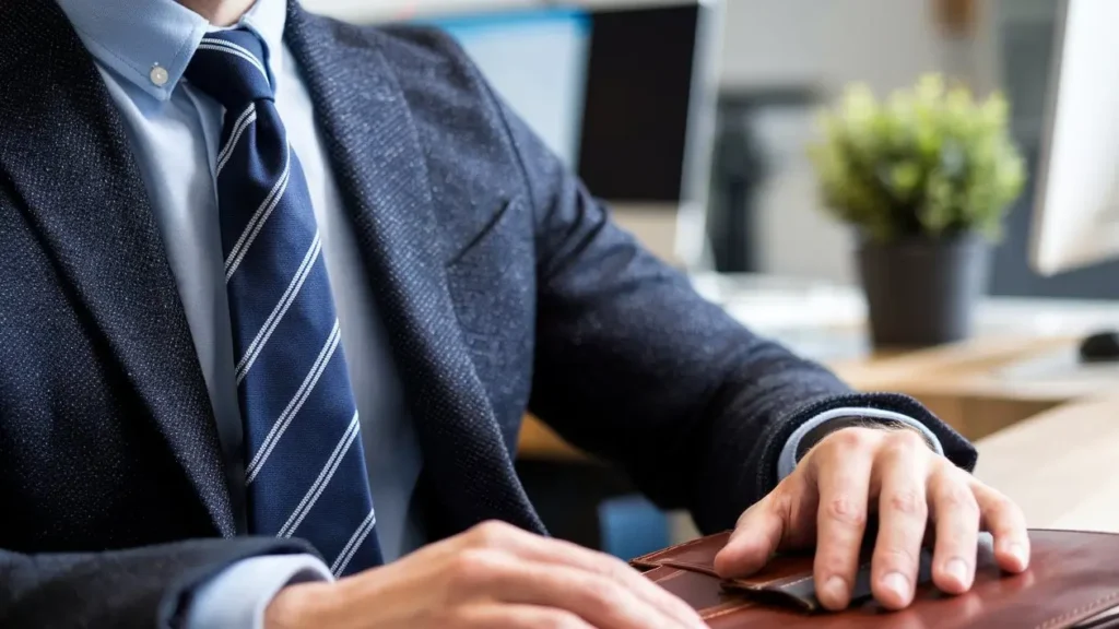 Navy blue tie with subtle stripes on a light blue shirt, ideal for interviews.