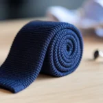 Close-up of a navy knitted tie rolled on a wooden surface with formal accessories in the background.