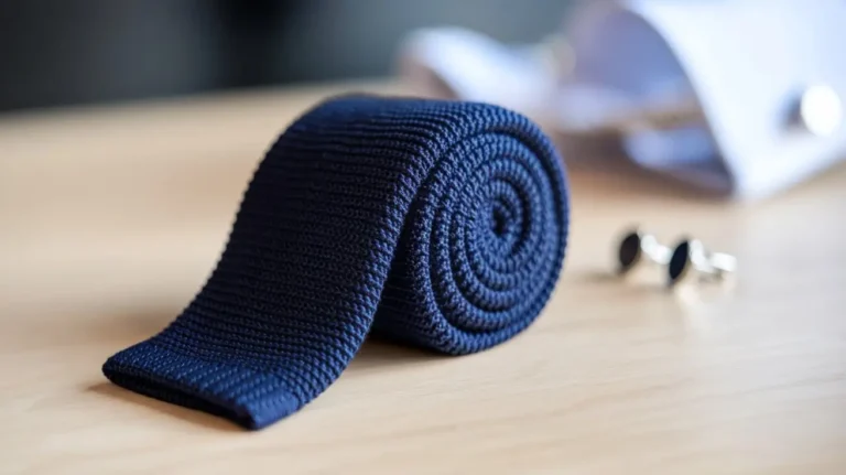 Close-up of a navy knitted tie rolled on a wooden surface with formal accessories in the background.