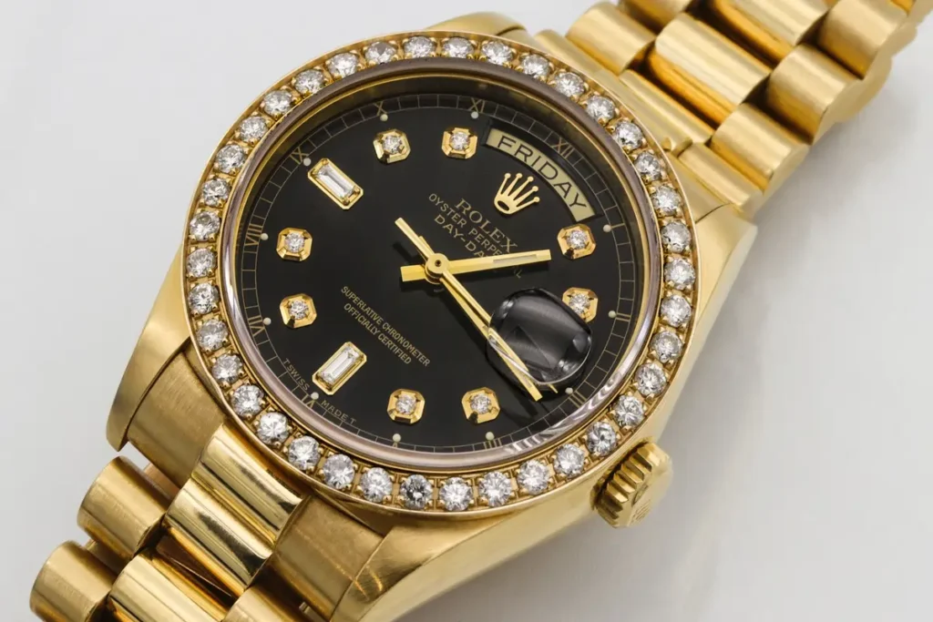 Close-up of the pavé bezel on a Rolex gold-tone watch, featuring sparkling gemstones set in its elegant design.