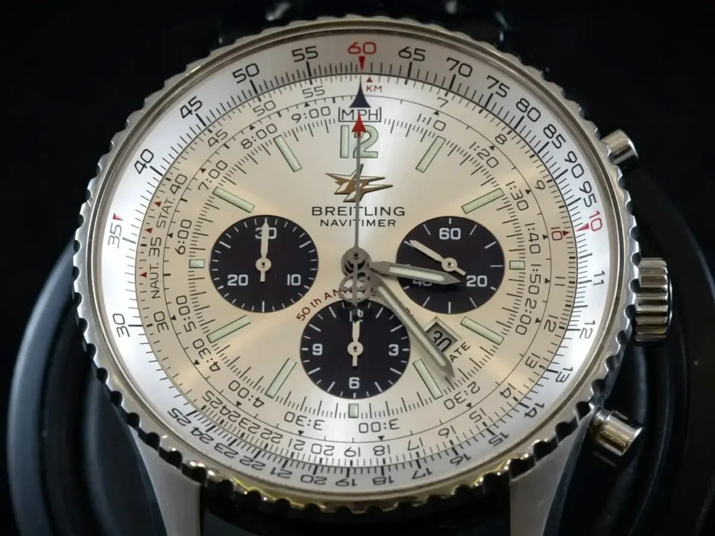 Close-up of the slide-rule bezel on a Breitling Navitimer Pilot watch.