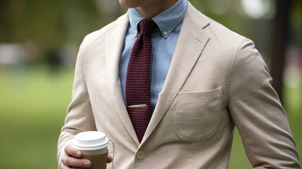 Cropped shot of a chambray shirt, beige blazer, and burgundy knitted tie outdoors with a coffee cup.