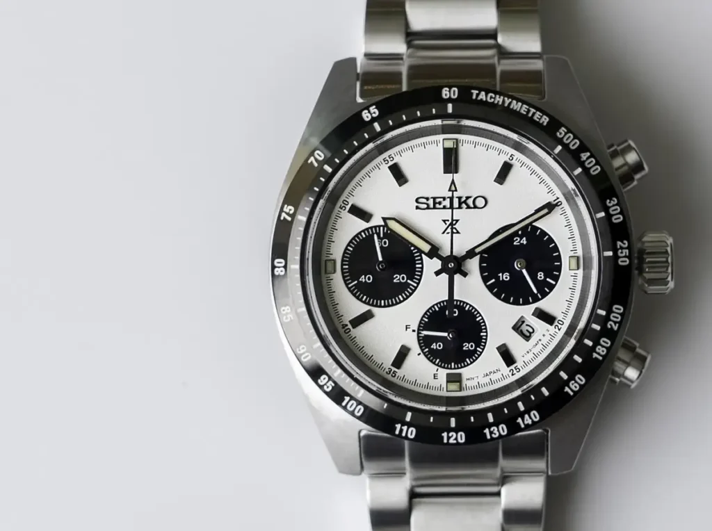 Close-up of the tachymeter bezel on a Seiko Sports watch.