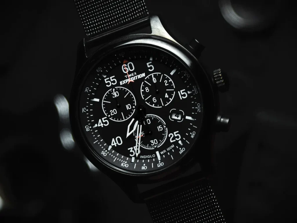 Close-up of a Timex Expedition chronograph watch showcasing its rugged design and detailed dial.