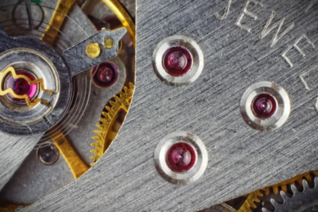 Close-up of the ruby jewels in a mechanical watch movement.