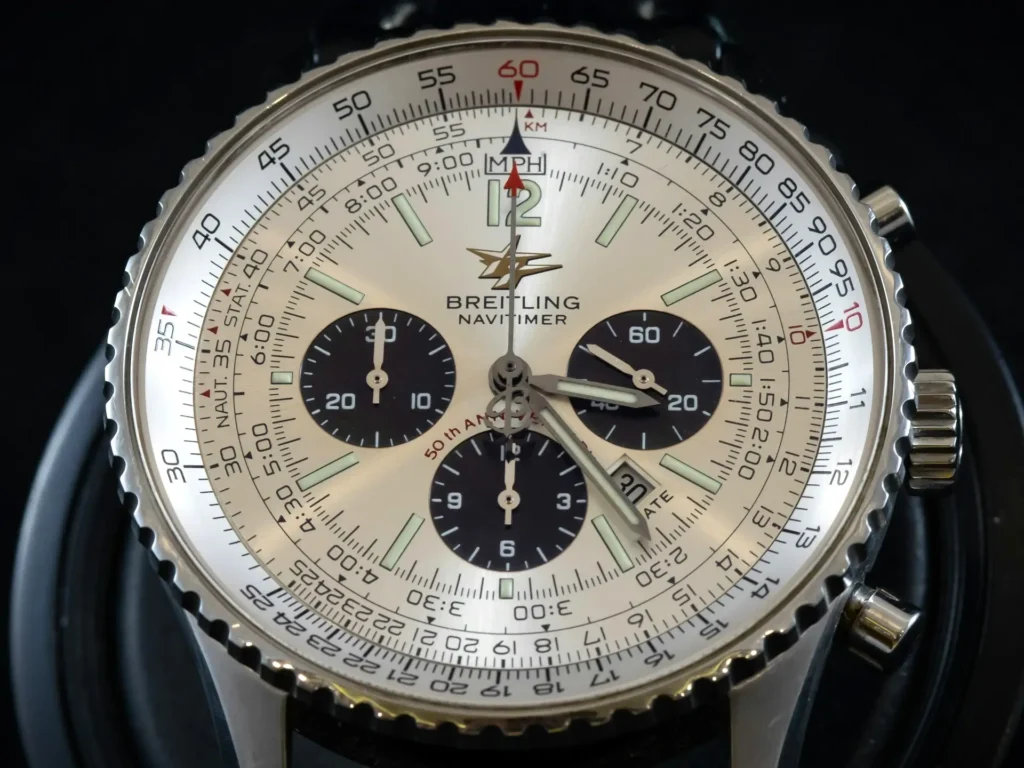 Close up of a Breitling watch dial featuring three subdials for chronograph