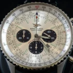 Close up of a Breitling watch dial featuring three sub-dials for chronograph