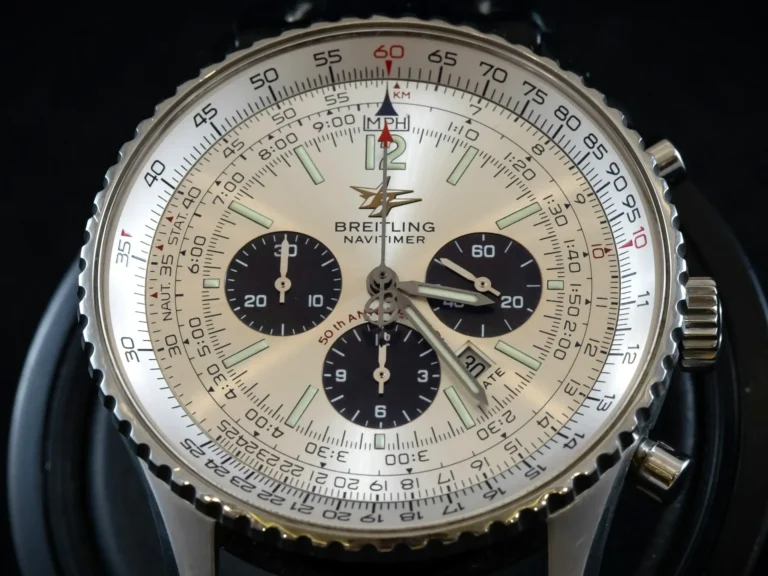 Close up of a Breitling watch dial featuring three sub-dials for chronograph