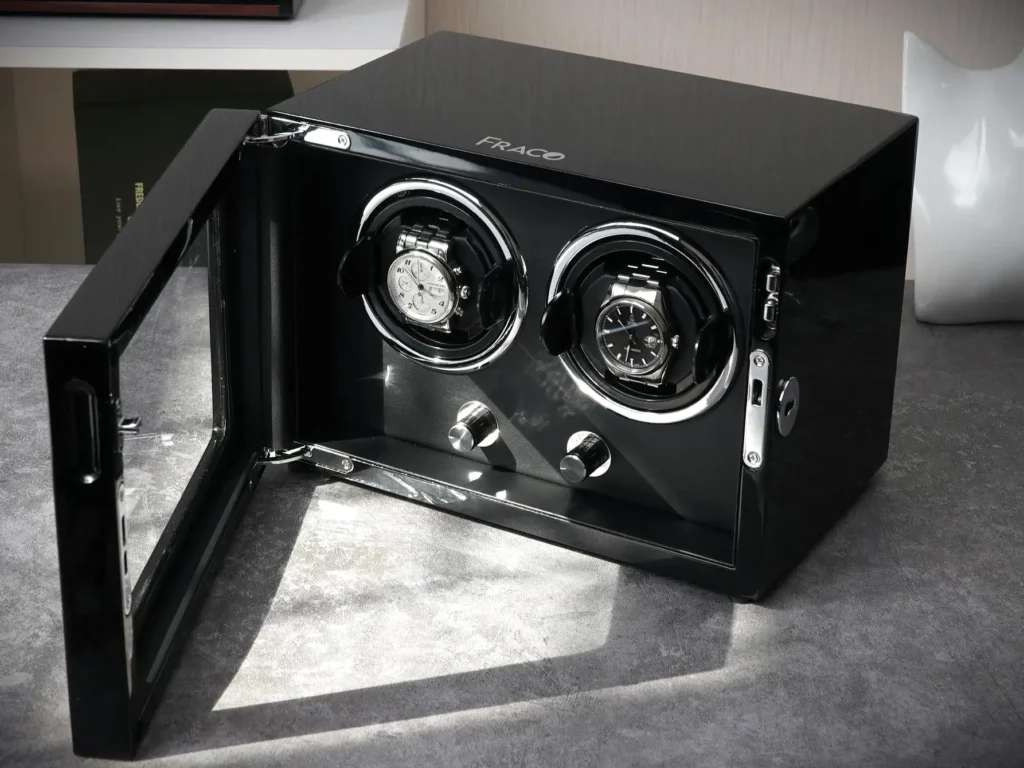 Premium watch winder designed for two watches, featuring rotating capabilities