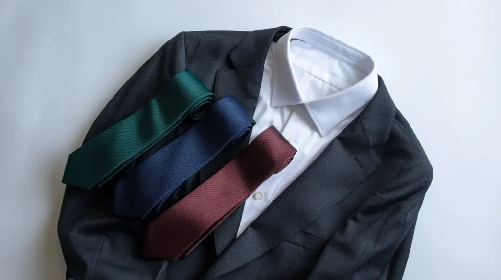 Professional business ties in navy, burgundy, and green displayed with charcoal suit and white shirt.