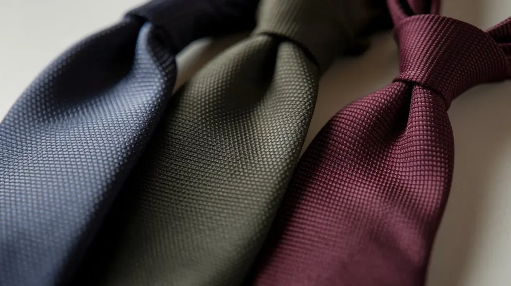 Three business ties showing silk, wool, and microfiber materials with visible texture differences.