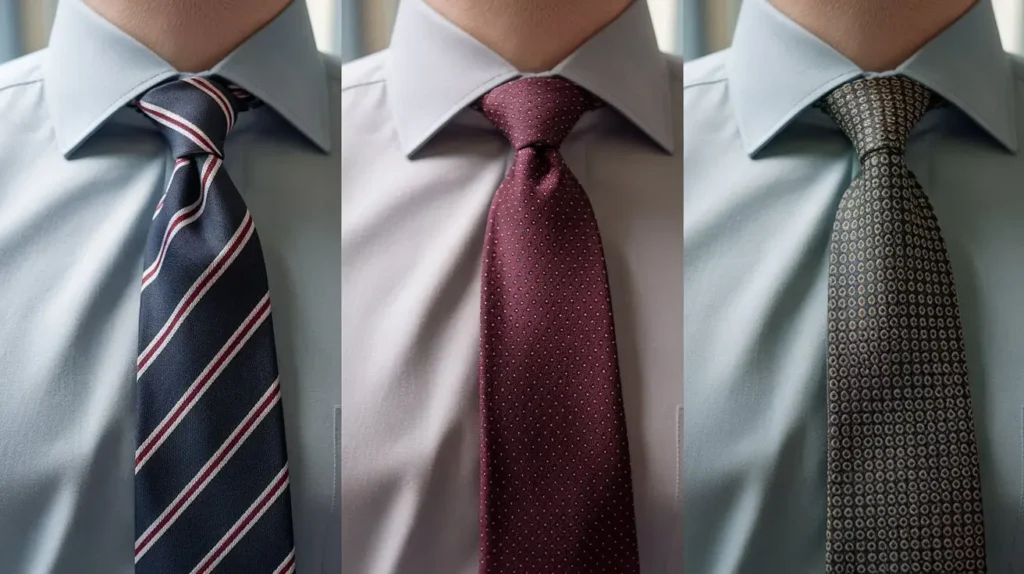 Close-up of three professional tie patterns - repp stripe, pin-dot, and geometric.