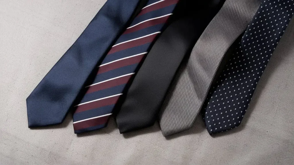 Five essential men's ties featuring royal blue grenadine, burgundy regimental striped, classic black silk, gray herringbone, and navy polka dot designs, arranged diagonally on a light gray linen background.