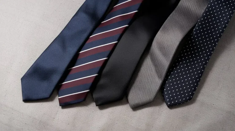 Five essential men's ties featuring royal blue grenadine, burgundy regimental striped, classic black silk, gray herringbone, and navy polka dot designs, arranged diagonally on a light gray linen background.