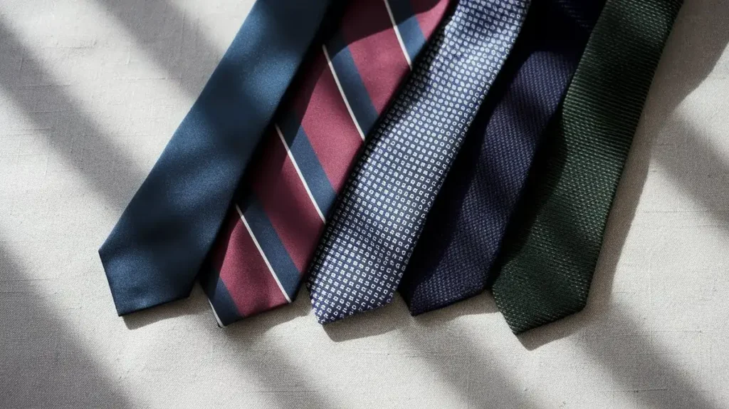 A professional display of five luxury men's ties, including classic and patterned styles, arranged on a light gray linen background—ideal choices for a polished job interview look.